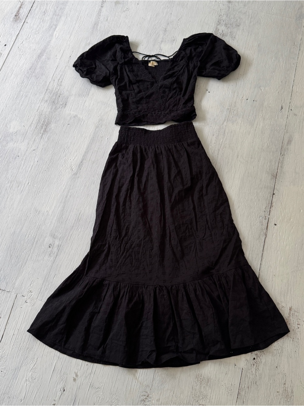 Black Eyelet Two Piece Set | Cottagecore Puff Sleeve Maxi Skirt Set Small